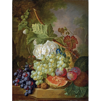 РЕПРОДУКЦИИ НА КАРТИНИ Цветя, грозде, сливи, орехи и пъпеш на каменен перваз (1800)